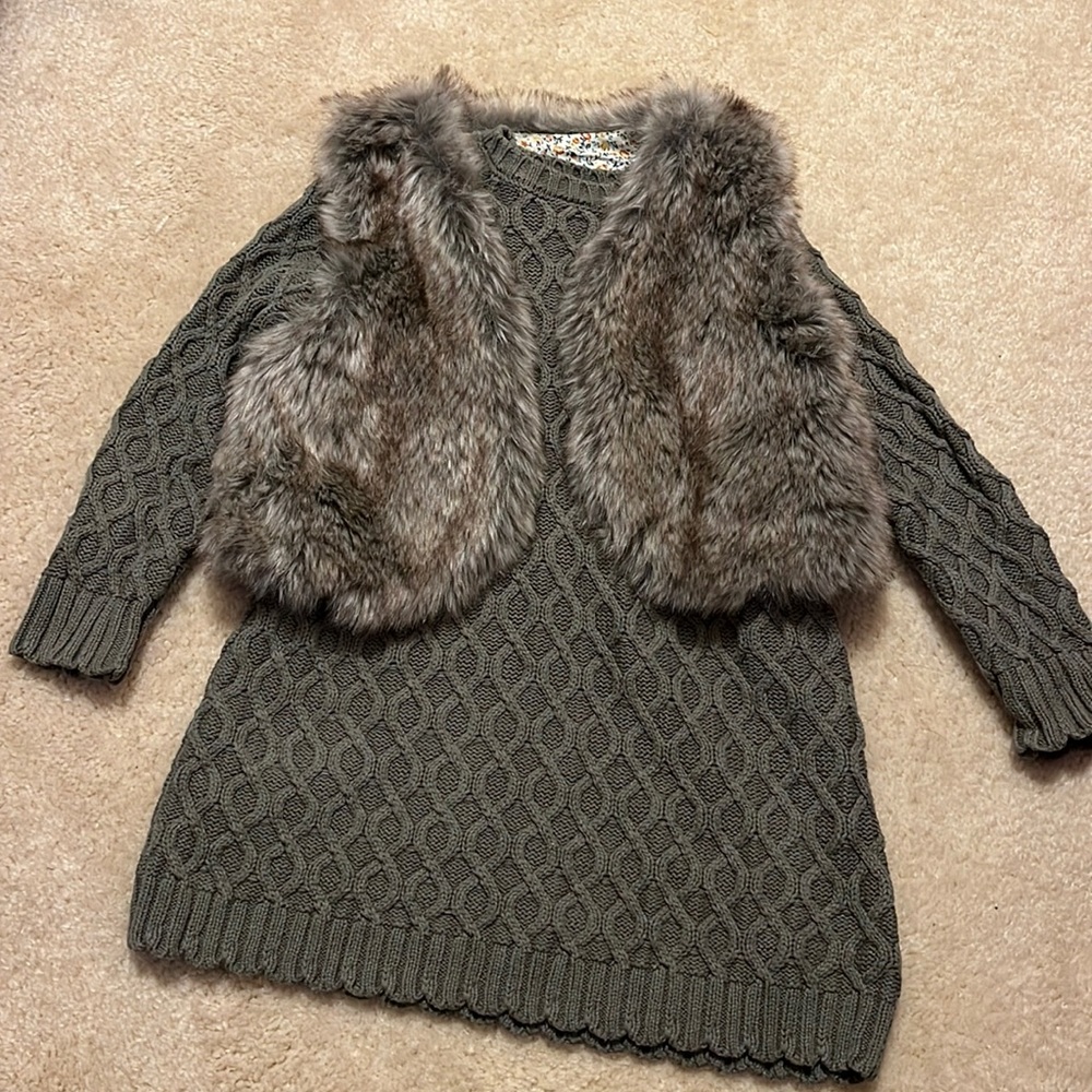 Sweater Dress Knit with Fur Vest 4T